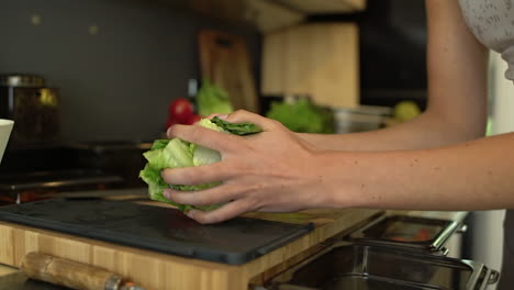 close up of female hands placing lettuce in salad bowl