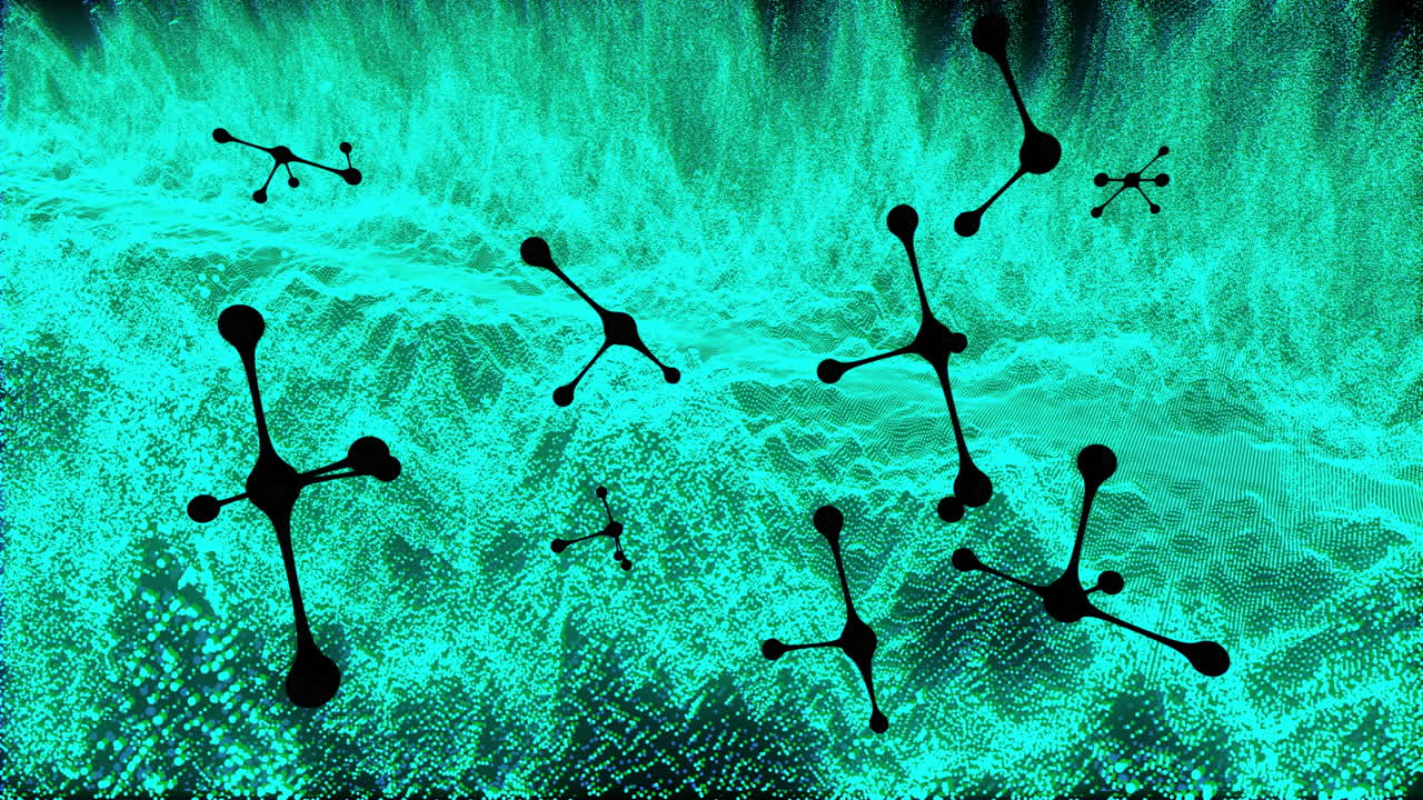 Animation of network of connections over molecules on black background