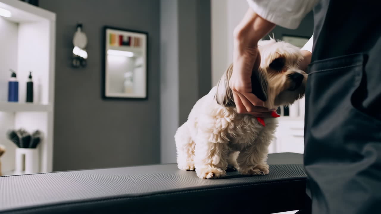 애완동물 미용실 에서 개 를 정리 하는 세션