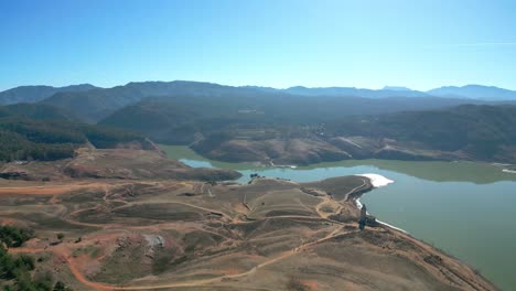 sau swamp dike in catalonia, spain, intense drought in 2024 aerial views of the natural park, with very little water due to the drought