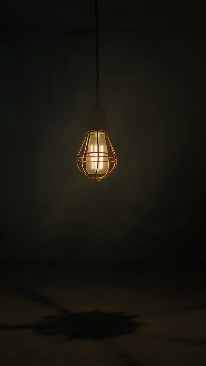 Vertical video: Glowing caged bulb starting swing on cord in concrete room casting shifting shadows