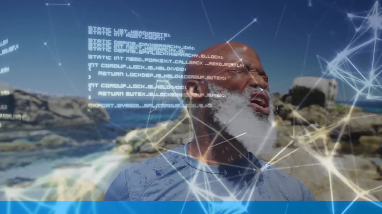 Animation of data processing and world map over fit african american senior showering with water