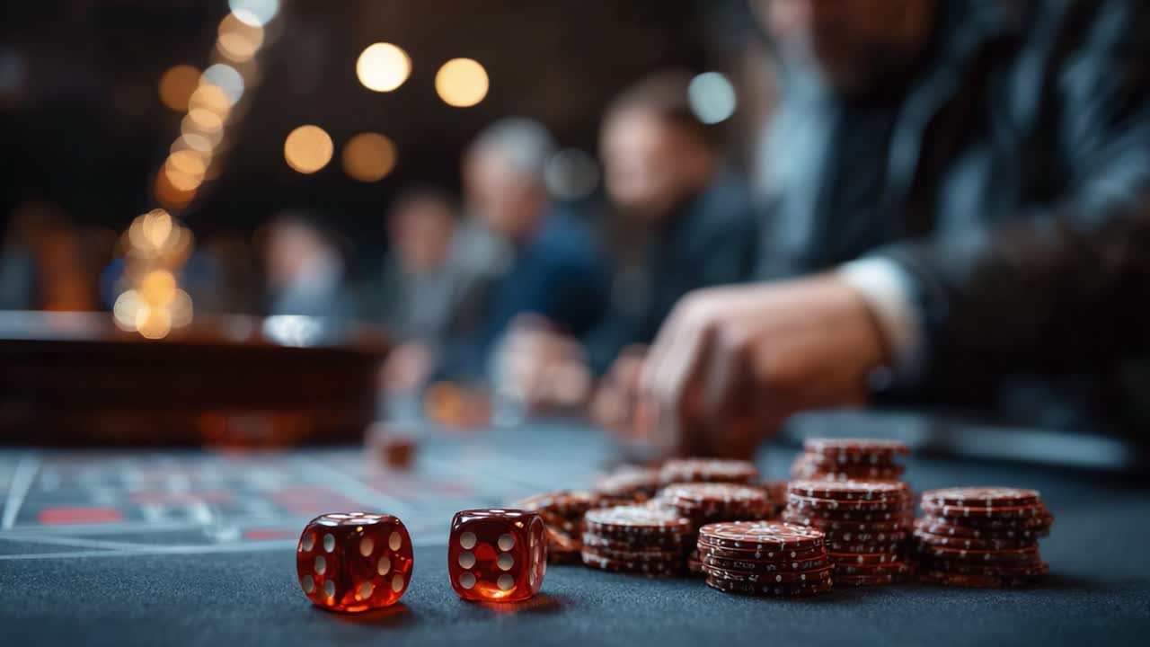 Intense Casino Scene Featuring Dice and Poker Chips as Players Engage in a High-Stakes Game Under Dim Lighting and Blurred Backgrounds