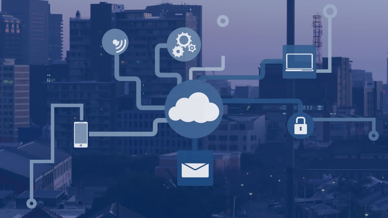 Animation of network of digital icons against aerial view of cityscape