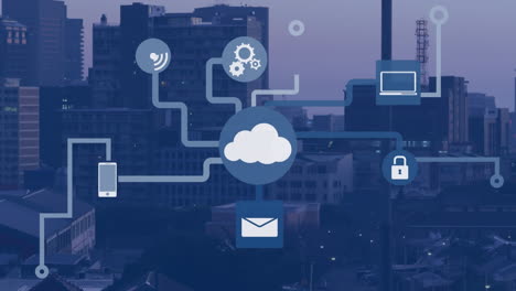 animation of network of digital icons against aerial view of cityscape