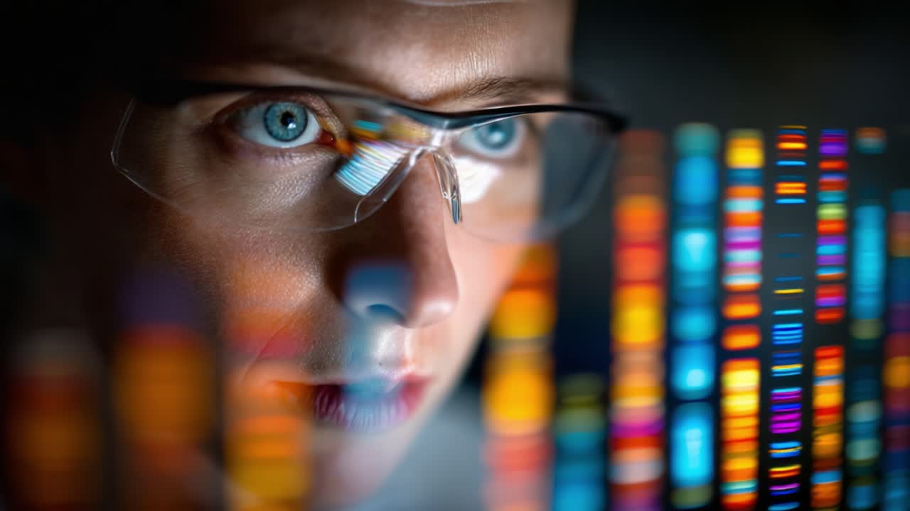 Focused Examination of Genetic Sequences by a Scientist in Glasses, Analyzing Colorful Data Patterns in a Dimly Lit Laboratory Environment