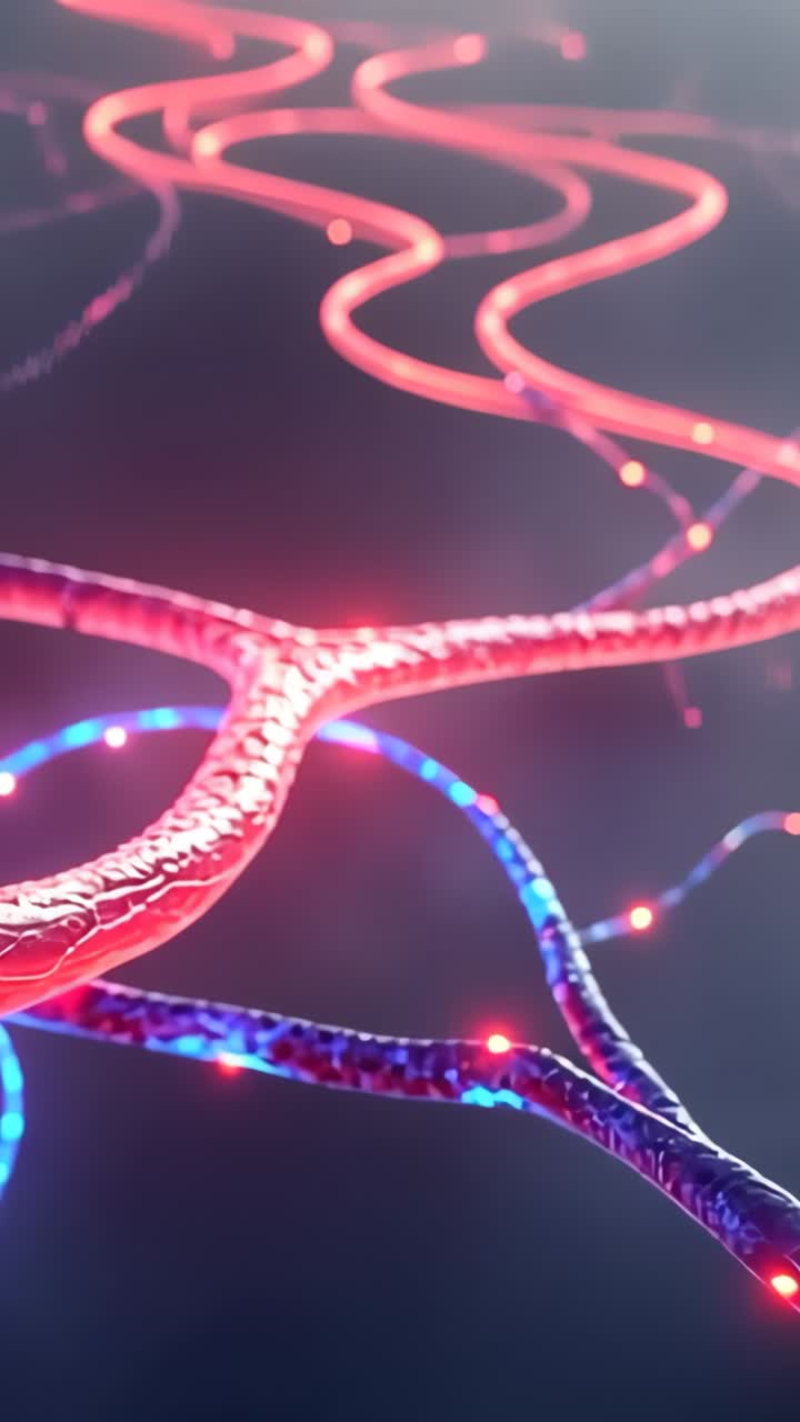 Vertical video: Starting camera panning in digital space, revealing red vessels pulsing light nodes