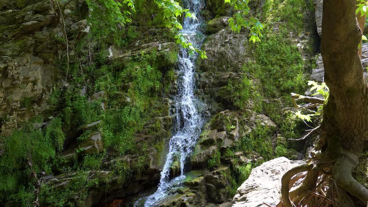 cascada de maries, rodeada de exuberante vegetación verde y rocas cubiertas de musgo, rayos de sol, árboles, isla de thassos, grecia