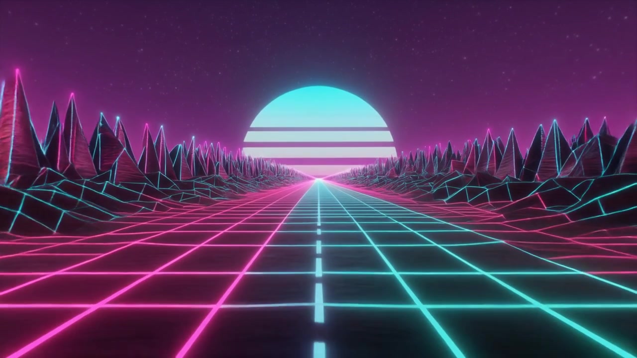 Lanskap Digital Gaya Synthwave Retro dengan Kisi Bercahaya dan Matahari Terbenam