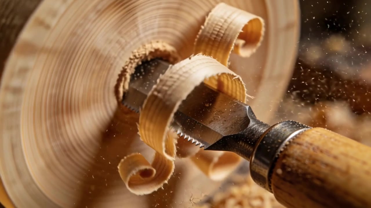 En skölp formar ett trähandtag genom att skära in i ett svarvämne medan svarven roterar och skapar spiralslingor.