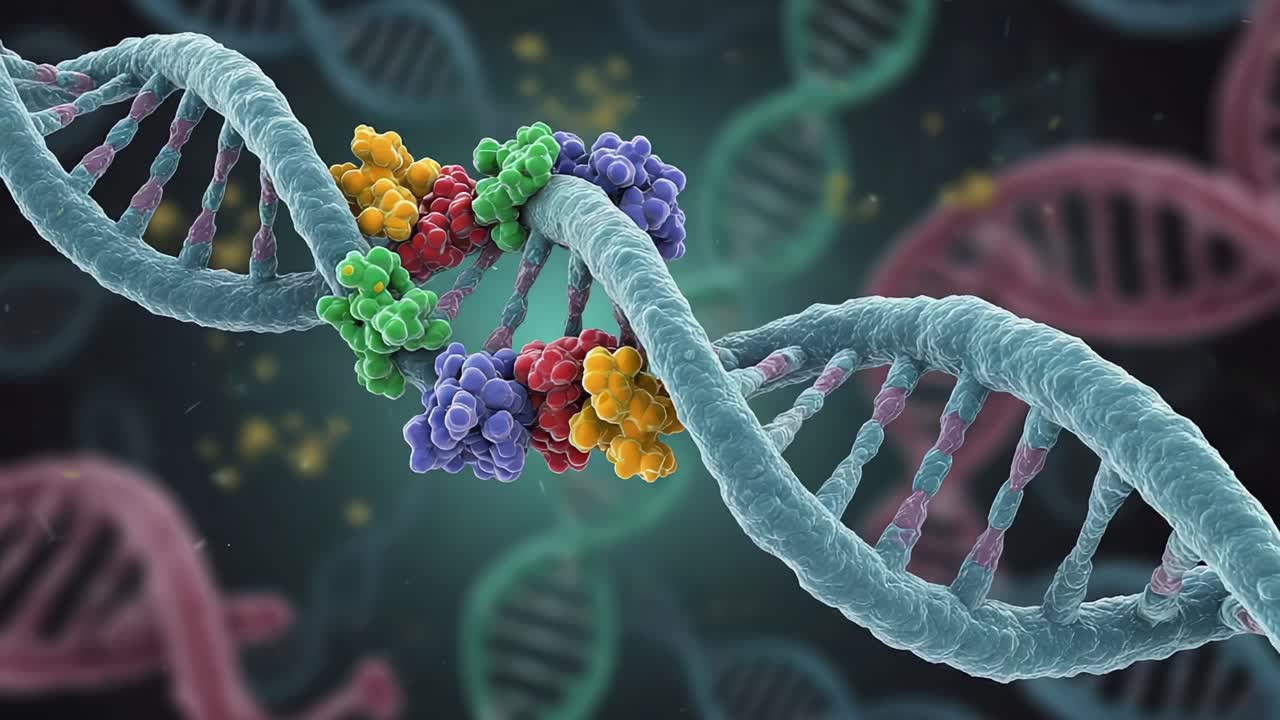 A Detailed Visualization of DNA Structure Highlighting the Intricacies of Its Double Helix, Colorful Base Pairs, and Molecular Interactions in Biological Systems