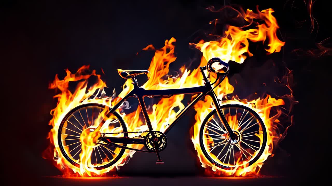 자전거가 검은색 배경에서 불꽃에 싸여 있다