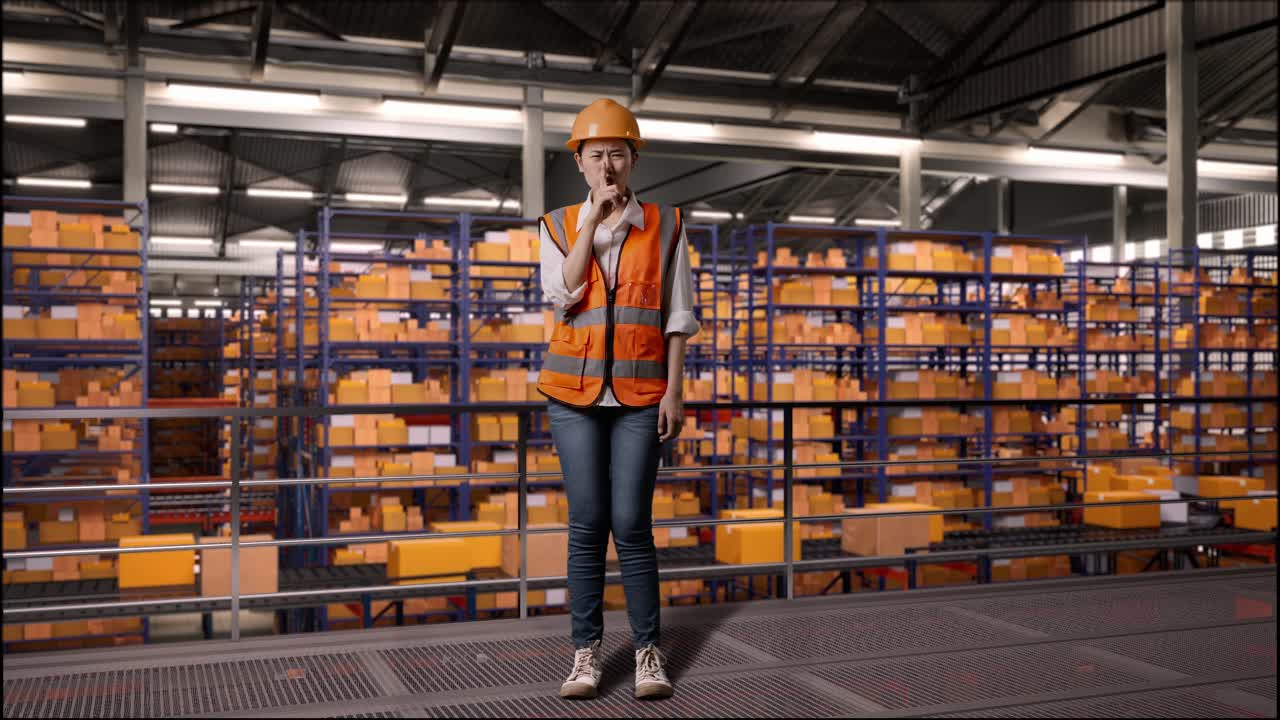 cuerpo lleno de ingeniera asiática con casco de seguridad haciendo el gesto shh mientras está de pie en el almacén con estantes llenos de mercancías de entrega