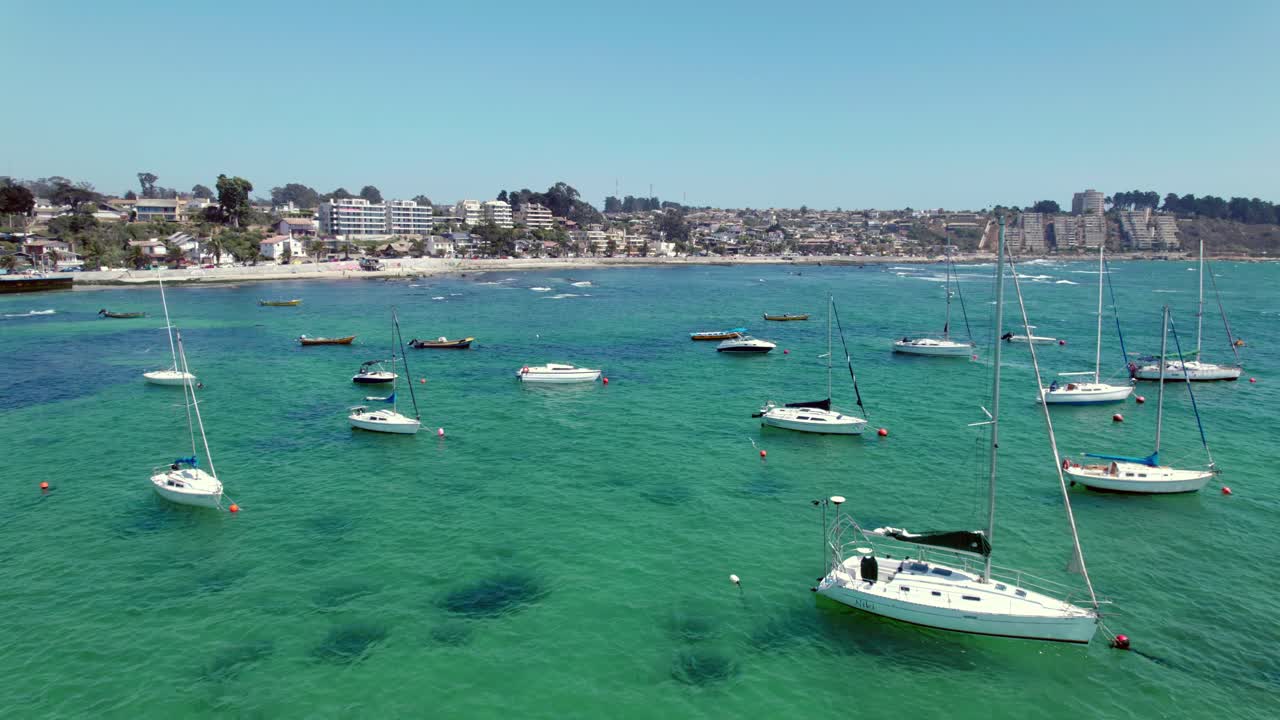 Bird's eye view of small, exclusive boats parked on the shore of a beach, Pejerrey, Algarrobo, Chile