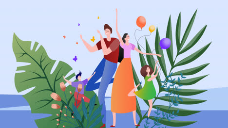 animation of family with balloons and leaves during party on blue background