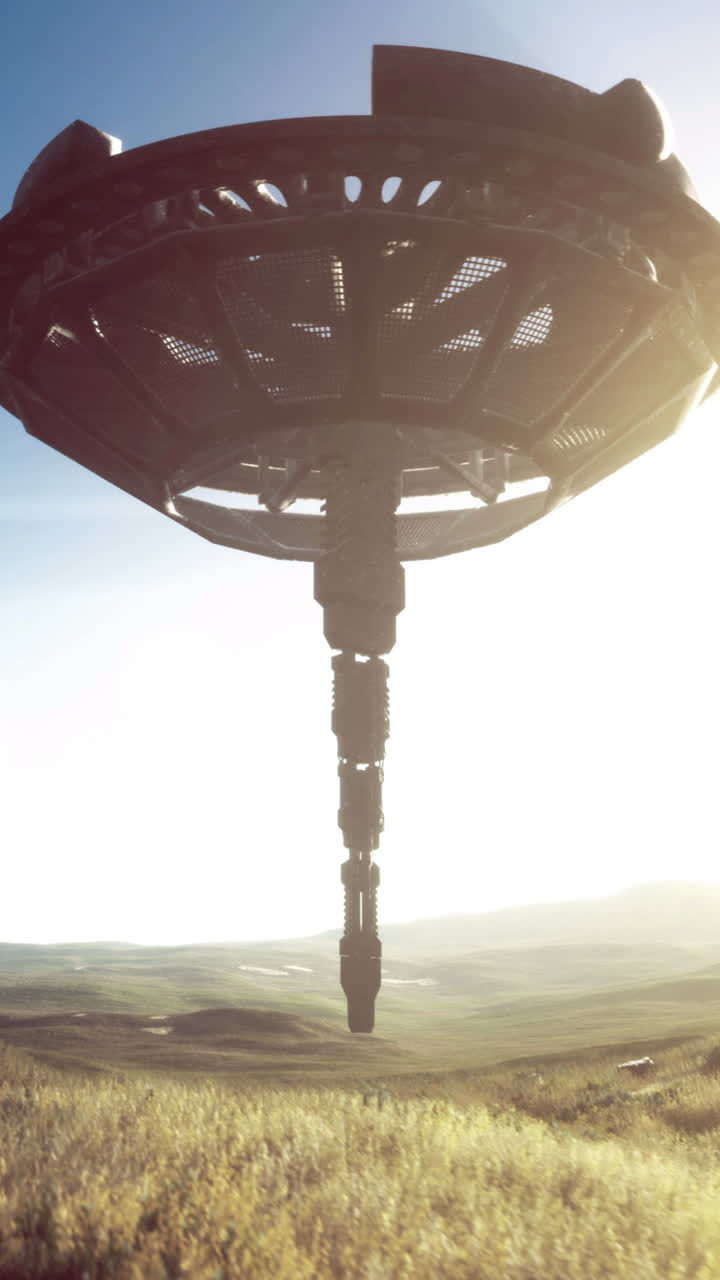 Strange alien ship hovers above a serene landscape under a bright sun