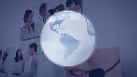 Animation-of-globe-over-business-people-using-phone-headsets