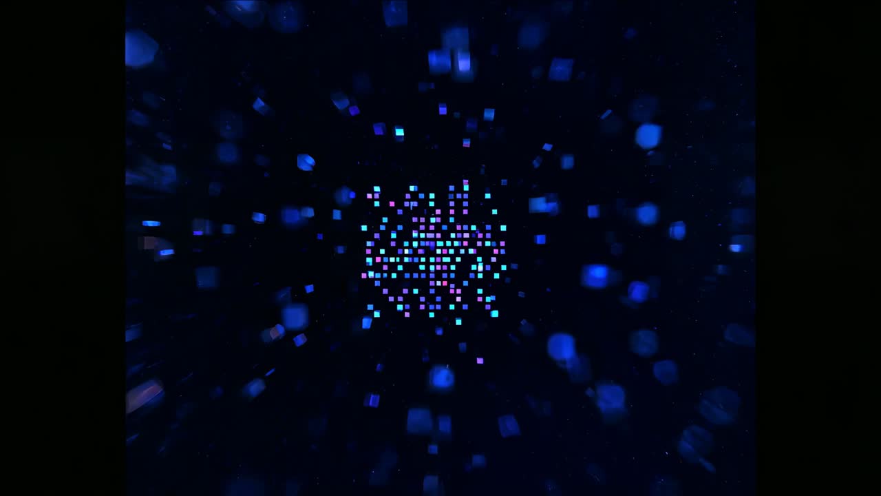 Spawning cyan blue cubes drifting toward magenta grid in dark corridor, forming dispersing vortex