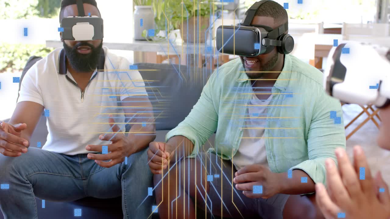 Friends sitting on couch wearing VR headsets pixels forming HUD, hands manipulating social tech