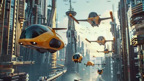 future city with flying cars