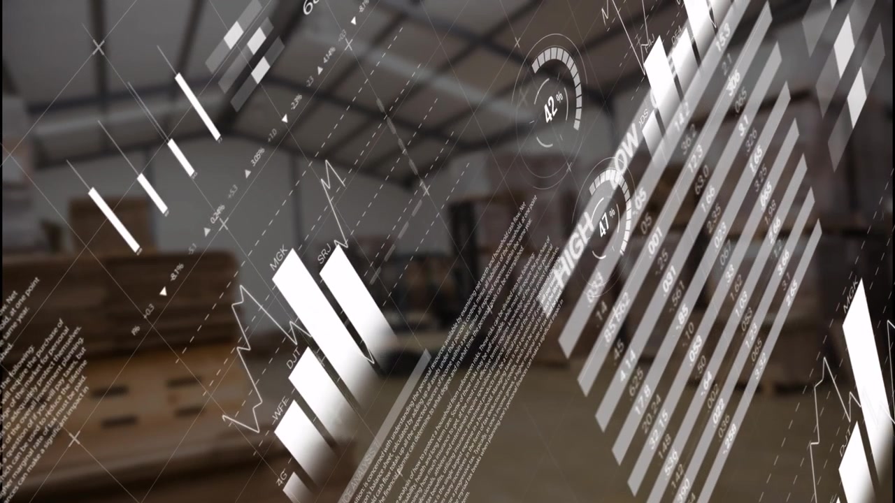 Depo alanı üzerinde yüzen veri katmanı; pasta dilimleri, ızgara çubukları ve harita etiketleri gösteriyor.