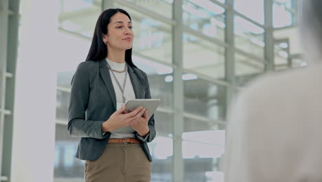 Presentation,-meeting-and-woman-speaker-on-tablet