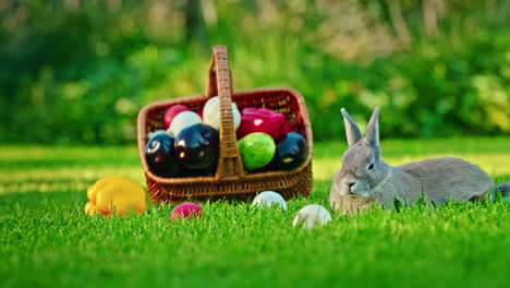 easter bunny in a garden with basket of eggs and vegetables