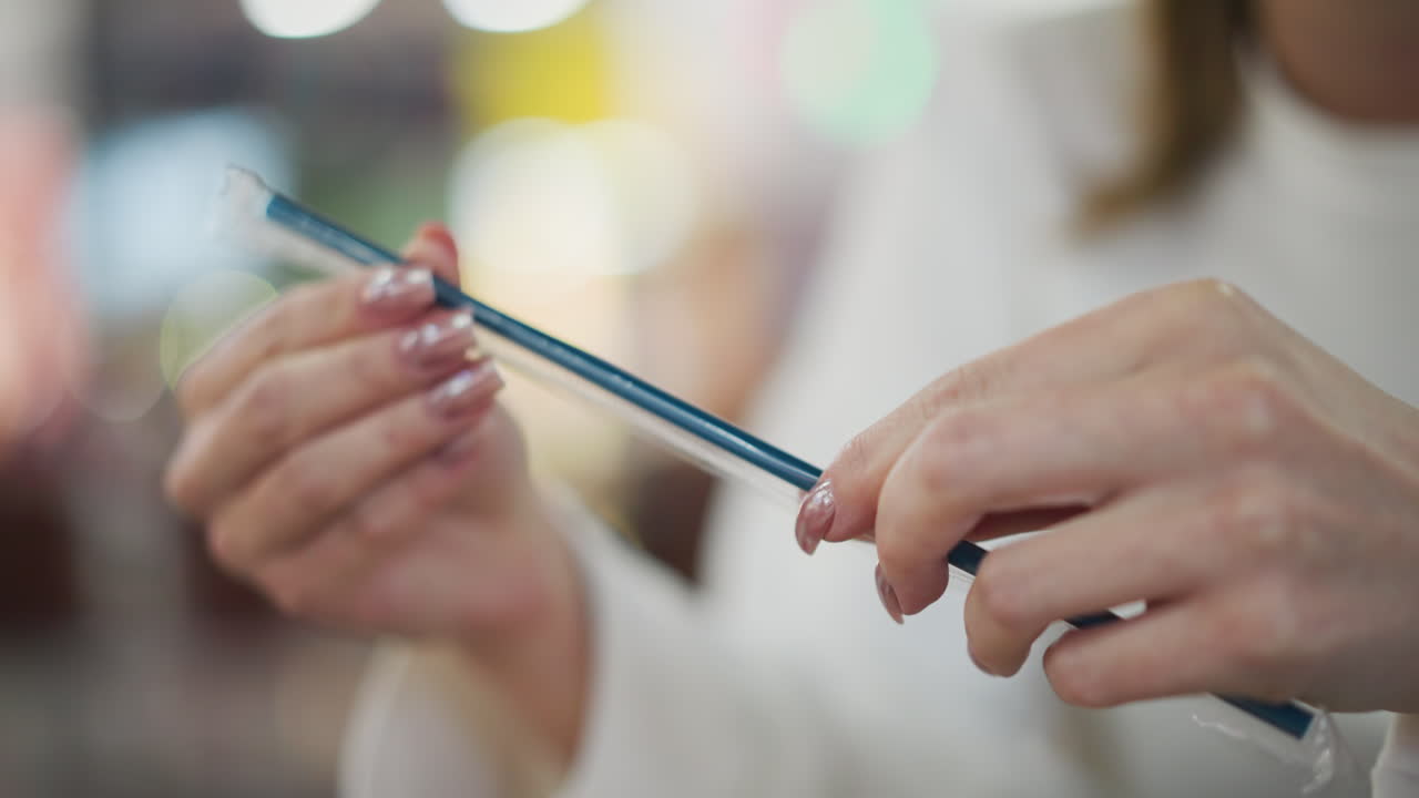 primer plano de manos con uñas pintadas sosteniendo delicadamente una paja y observándola con enfoque en un entorno interior, luces bokeh de colores borrosos en el fondo