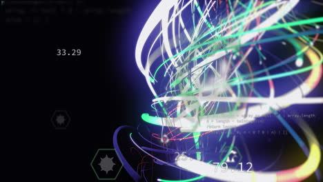 animación de patrón en espiral y iconos múltiples con lenguaje de computadora sobre fondo negro