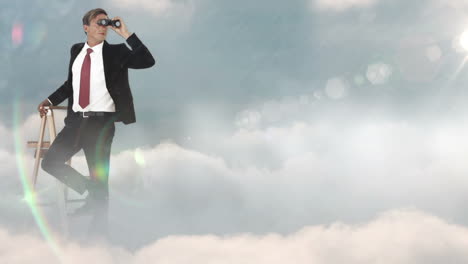 Businessman-on-ladder-looking-away-with-binoculars-on-blue-sky-background