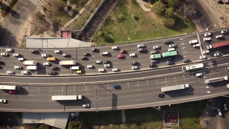 Aerial-top-down-shot-of-traffic-jam-on-5-de-Mayo-Avenue-in-Buenos-Aires