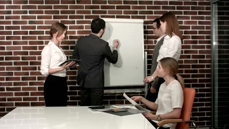 businessman giving a presentation on flipchart. teamwork concept