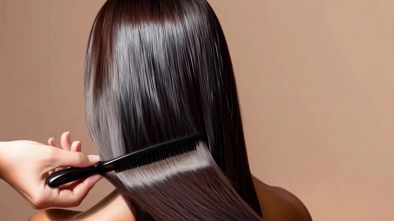 Video ravvicinato di una mano che pettina dei capelli lucidi da un angolo elevato, mettendo in risalto la cura dei capelli