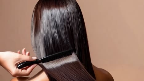 Close-up video of a hand combing sleek, shiny hair from a high angle, highlighting hair care