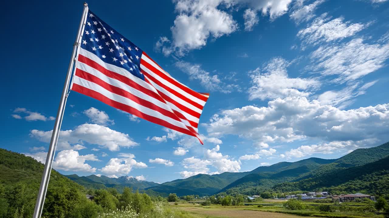 Una bella giornata nella natura: una bandiera americana che sventola sullo sfondo di montagne verdeggianti e di un cielo azzurro splendente, costellato di nuvole soffici.