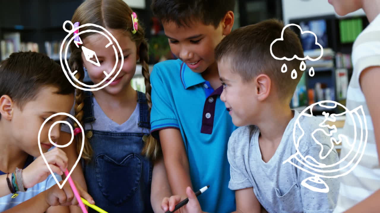 niños estudiando juntos con animación de geografía y clima sobre ellos