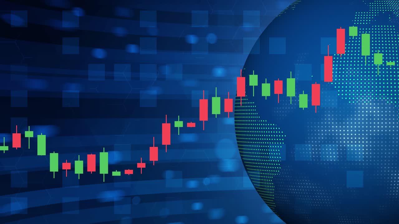 Loopable candlestick stock market chart analysis, global finance data on rotating planet earth globe with blue digital background