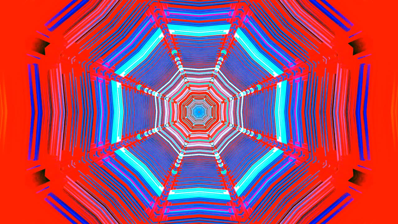 Este vídeo em loop apresenta um efeito de túnel colorido com padrões marcantes em vermelho, azul e branco que se movem continuamente, criando uma experiência visual hipnotizante perfeita para protetores de tela ou displays