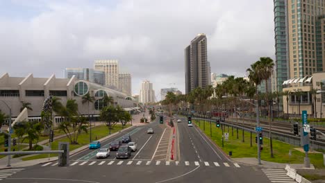 san diego convention center on a sunny day - time lapse of traffic