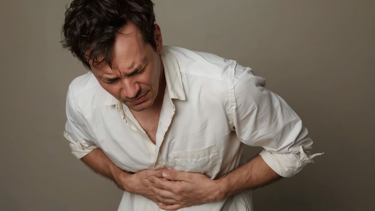 Feeling pain, man clutching chest and bending at plain beige wall, in white rolled-sleeve shirt