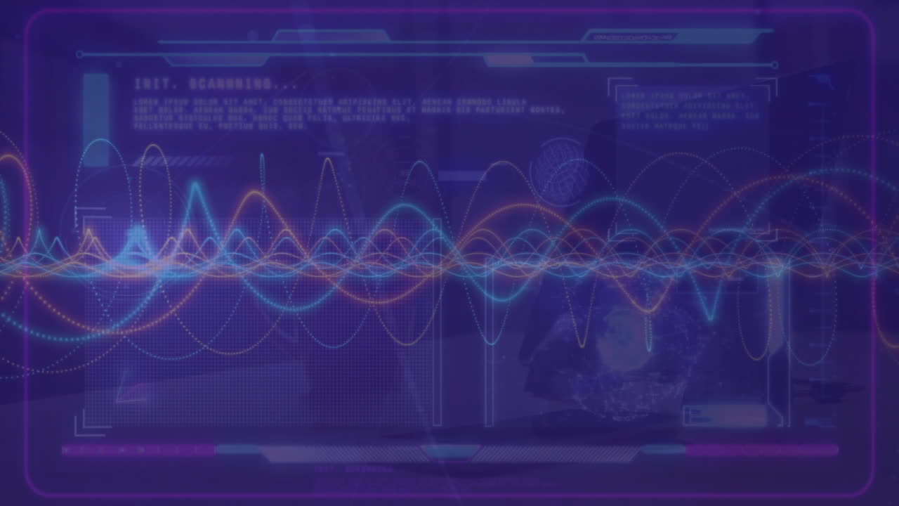 Processing data with colorful waveforms on futuristic interface animation