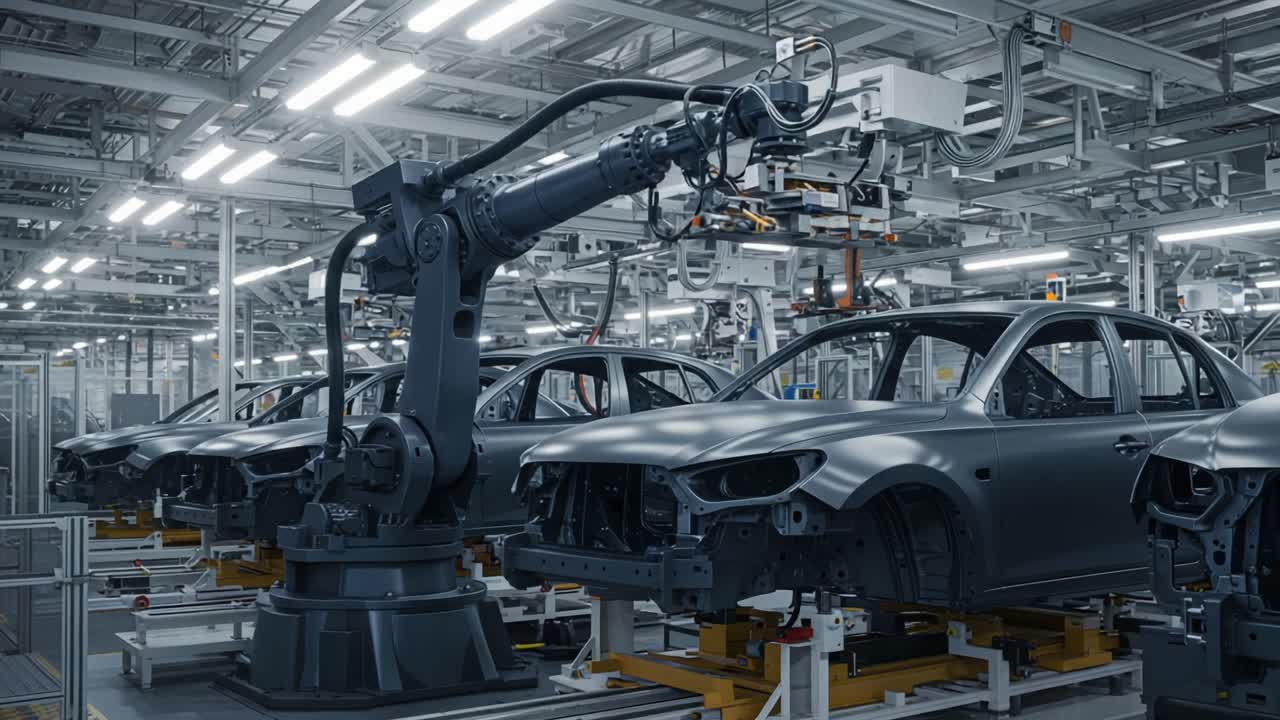 Automated Assembly Line Depicting Robotic Machinery in Action Within an Automotive Manufacturing Facility, Showcasing Advancements in Car Production Techniques