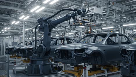 automated assembly line depicting robotic machinery in action within an automotive manufacturing facility, showcasing advancements in car production techniques