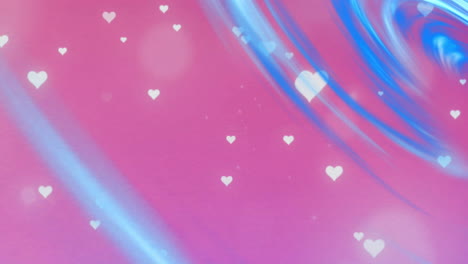 animation of white hearts falling over glowing light trails moving background