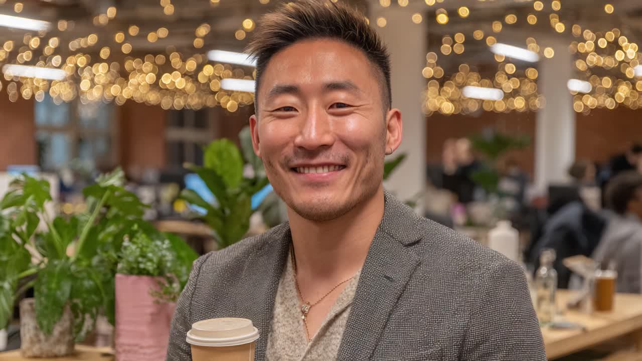 A Smiling Young Professional Enjoying Coffee in a Brightly Lit Office Filled with Warm Ambiance and Greenery
