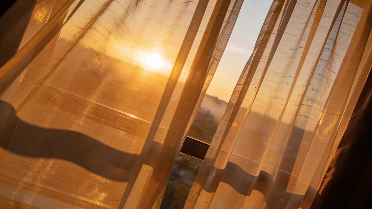 Billowing sheer curtain panels shifting at sunrise near window, revealing sun, latch, distant hills