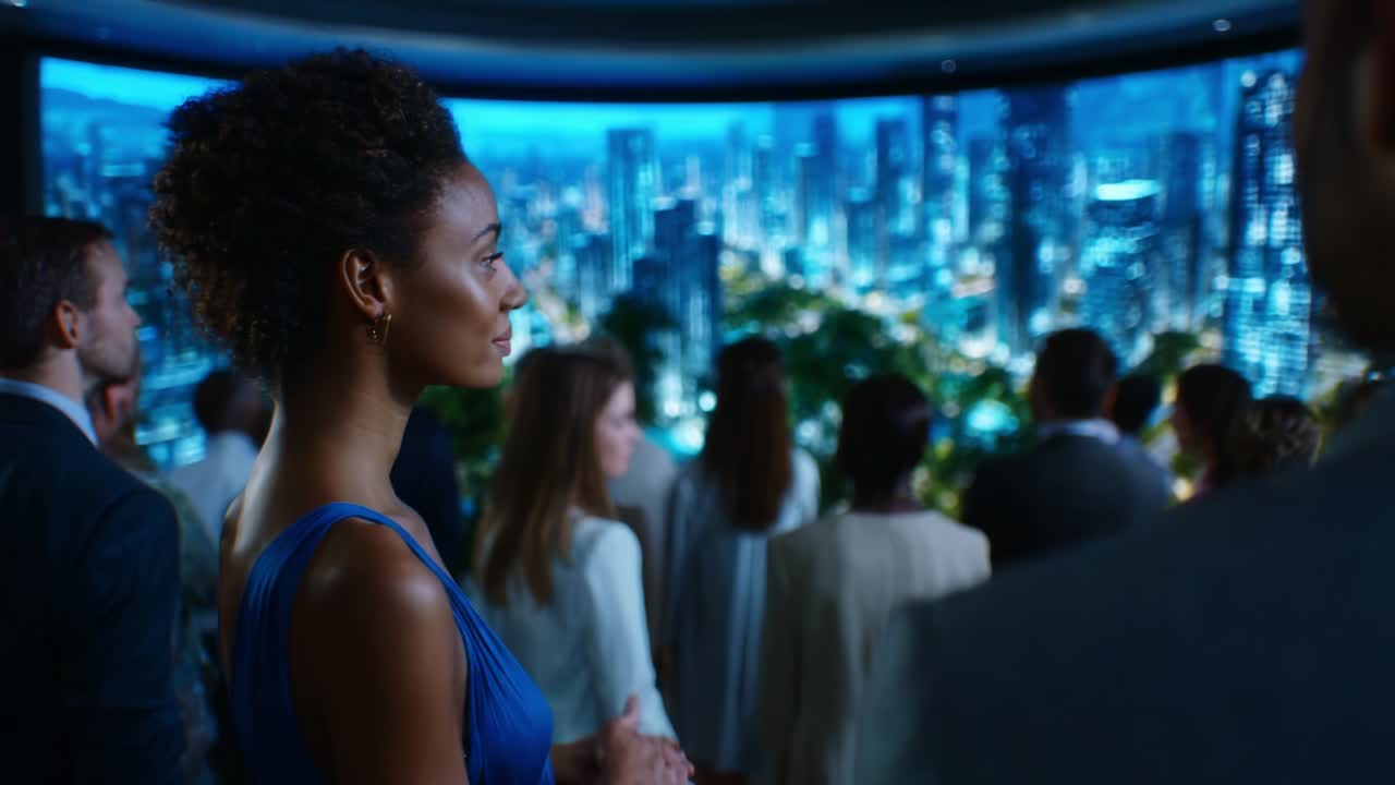 A Captivating Moment of Reflection: A Group of Individuals Engaged in a Thrilling Display of Urban Life through a Stunning Visual Experience in a Modern Space