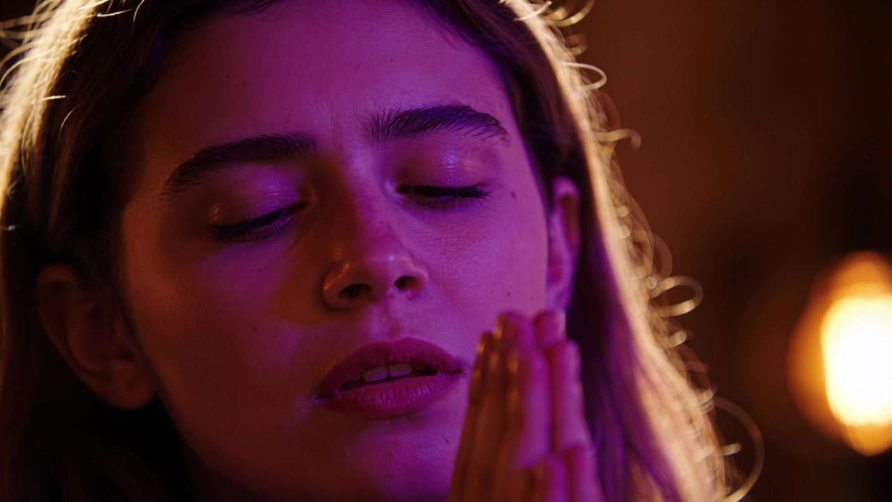 Câmera em close-up filmando mulher pressionando as mãos na boca, meditando sob luz magenta.