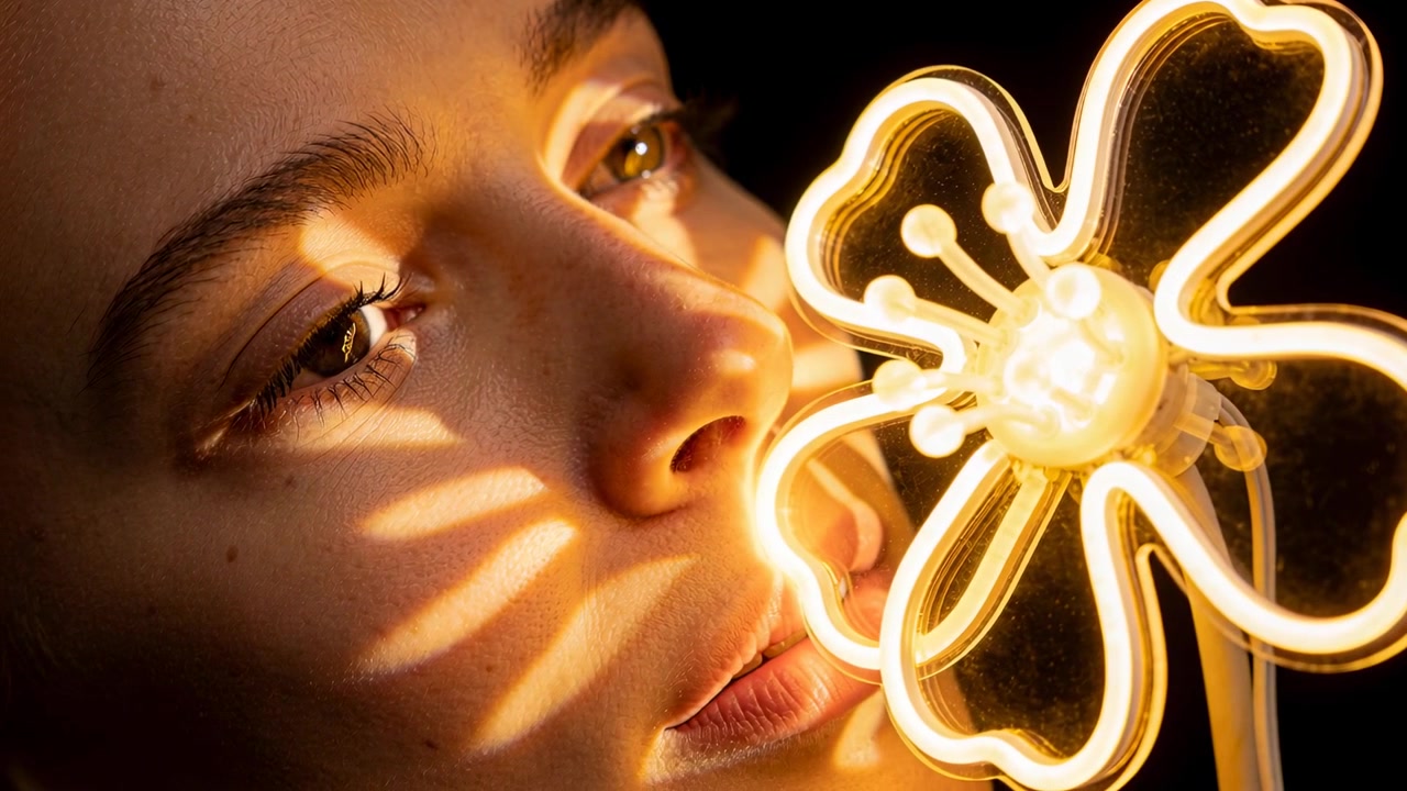 Una donna tiene un fiore al neon, muove una lampada verso la guancia, chiude gli occhi, studiando la luce dei petali in studio.