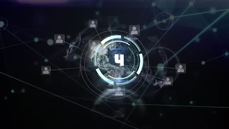 animation of network of connections with countdown and globe on blue background